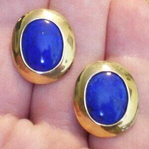 Vintage Designer 10K Yellow Gold 14MM x 10MM Lapis Lazuli Pierced Post Earrings